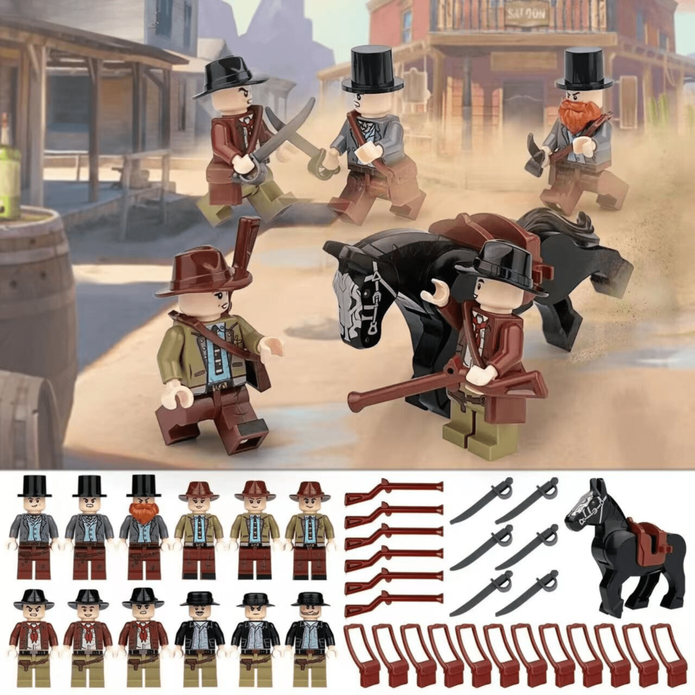 Wild West Cowboy Building Block Figures Set | 12PCS Western Figures with Horse