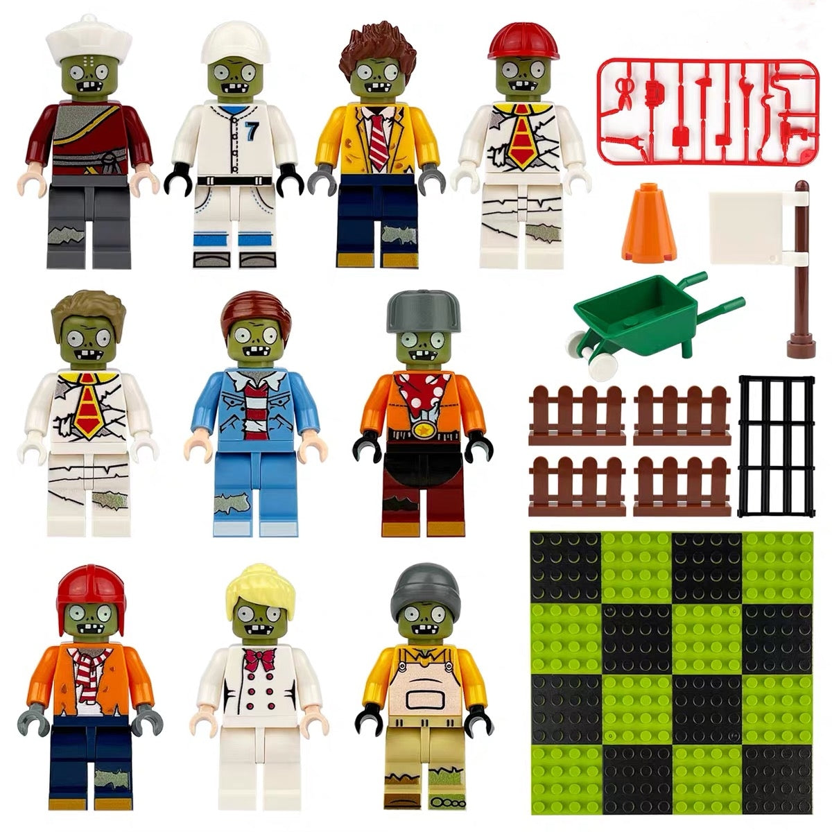 10PCS Zombie Block Figures Set with Accessories & Baseplate