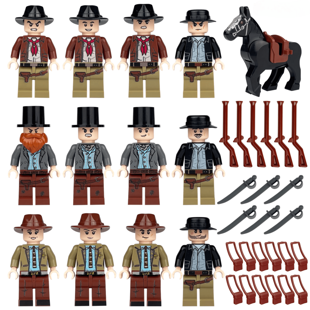 Wild West Cowboy Building Block Figures Set | 12PCS Western Figures with Horse