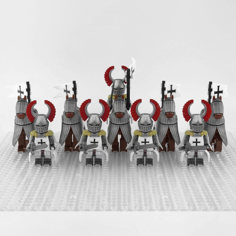 Crusades Mounted Teutonic Knights &Armored Warhorse Block Figures Set