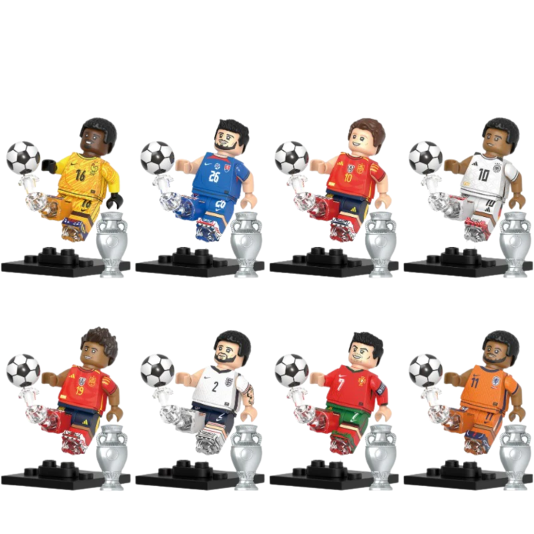 Football Star Block Figures Set – 8 Soccer Player Figures with Trophy and Ball
