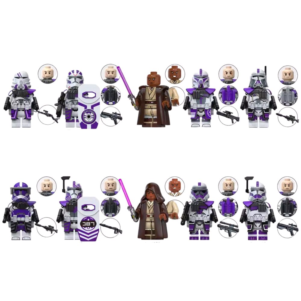 Space War Theme 187th Legion Clone Troopers & Mace Windu Block Figures Set (Purple Clone Battalion)