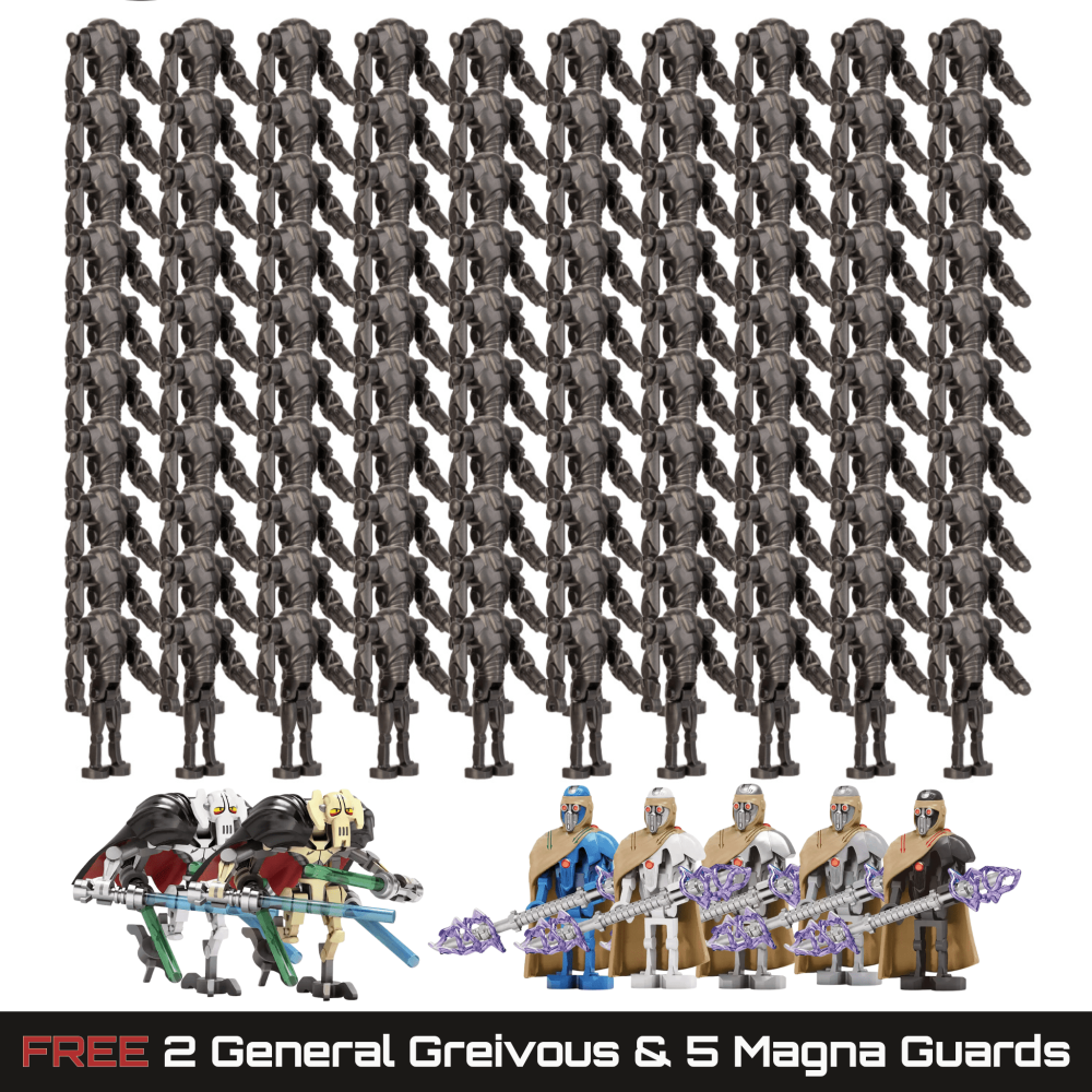Space War Theme 100pcs B2 Battle Droid Battalion Block Figures Bundle (Gunmetal Gray – Canon Arm)