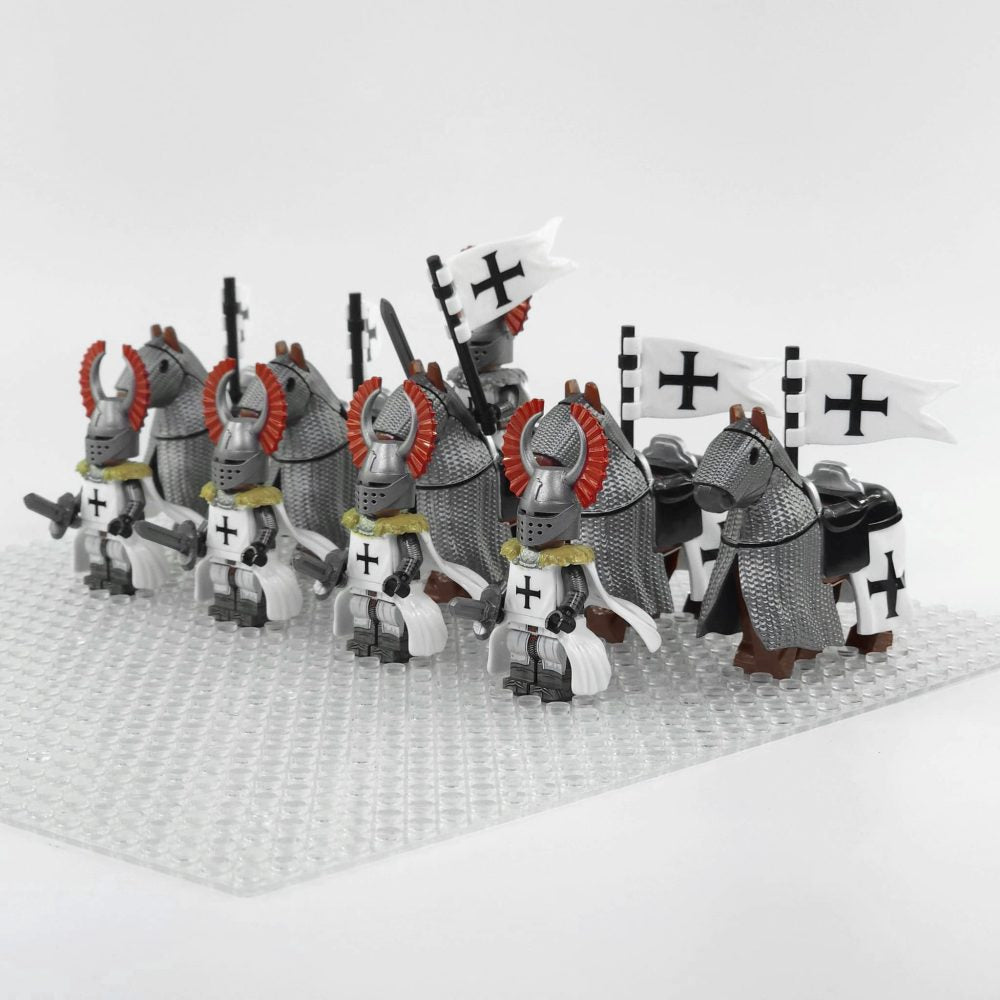 Crusades Mounted Teutonic Knights &Armored Warhorse Block Figures Set