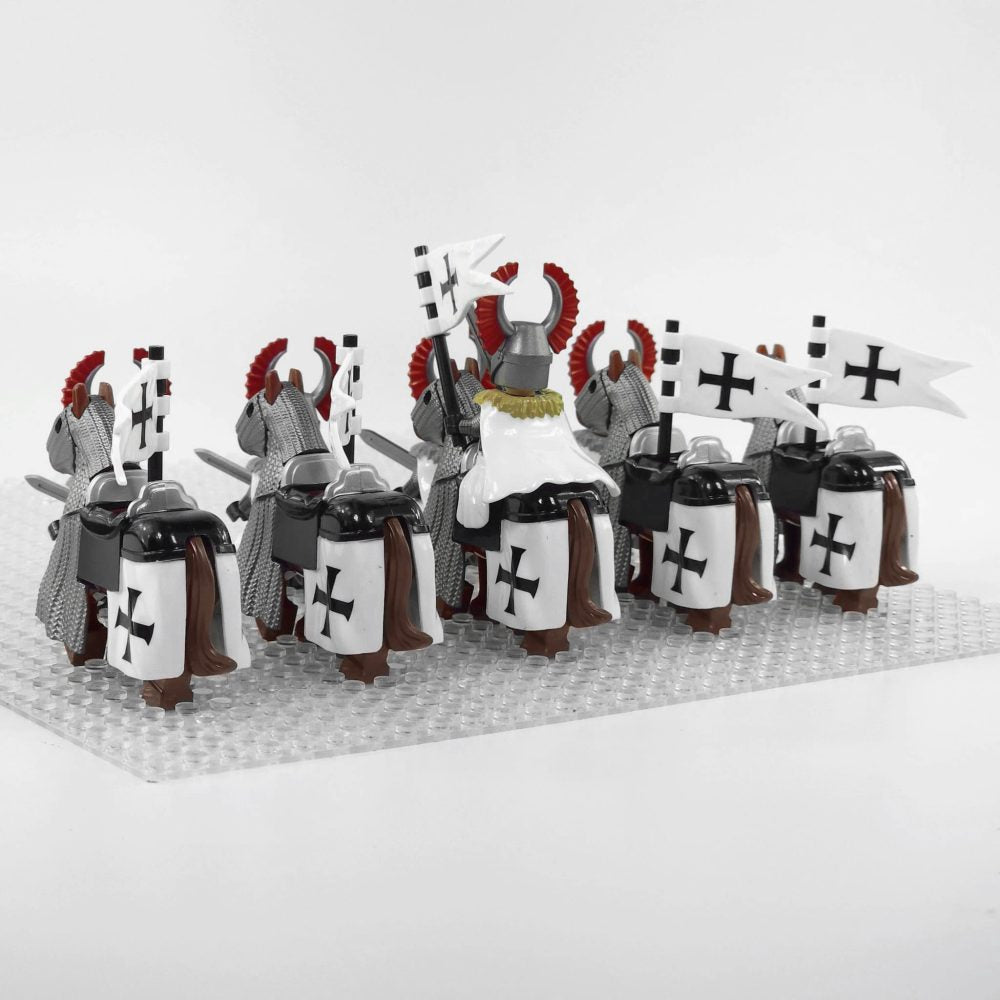 Crusades Mounted Teutonic Knights &Armored Warhorse Block Figures Set