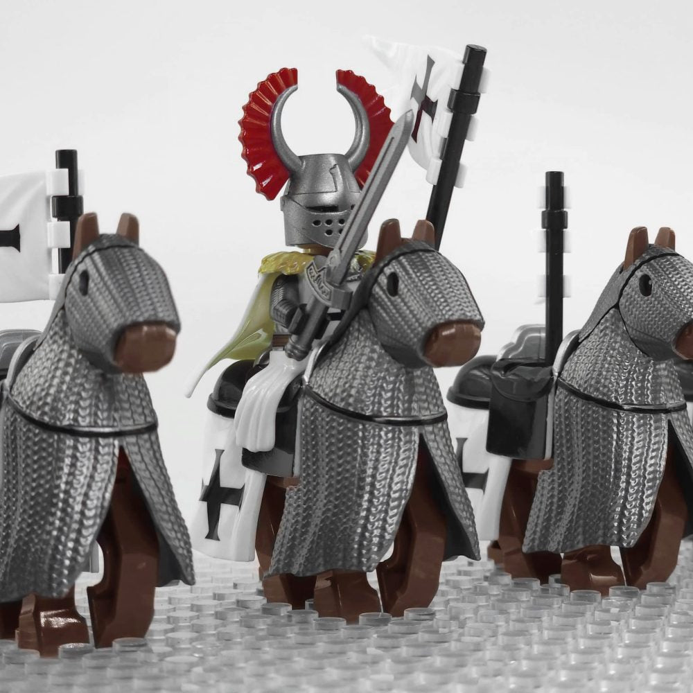 Crusades Mounted Teutonic Knights &Armored Warhorse Block Figures Set